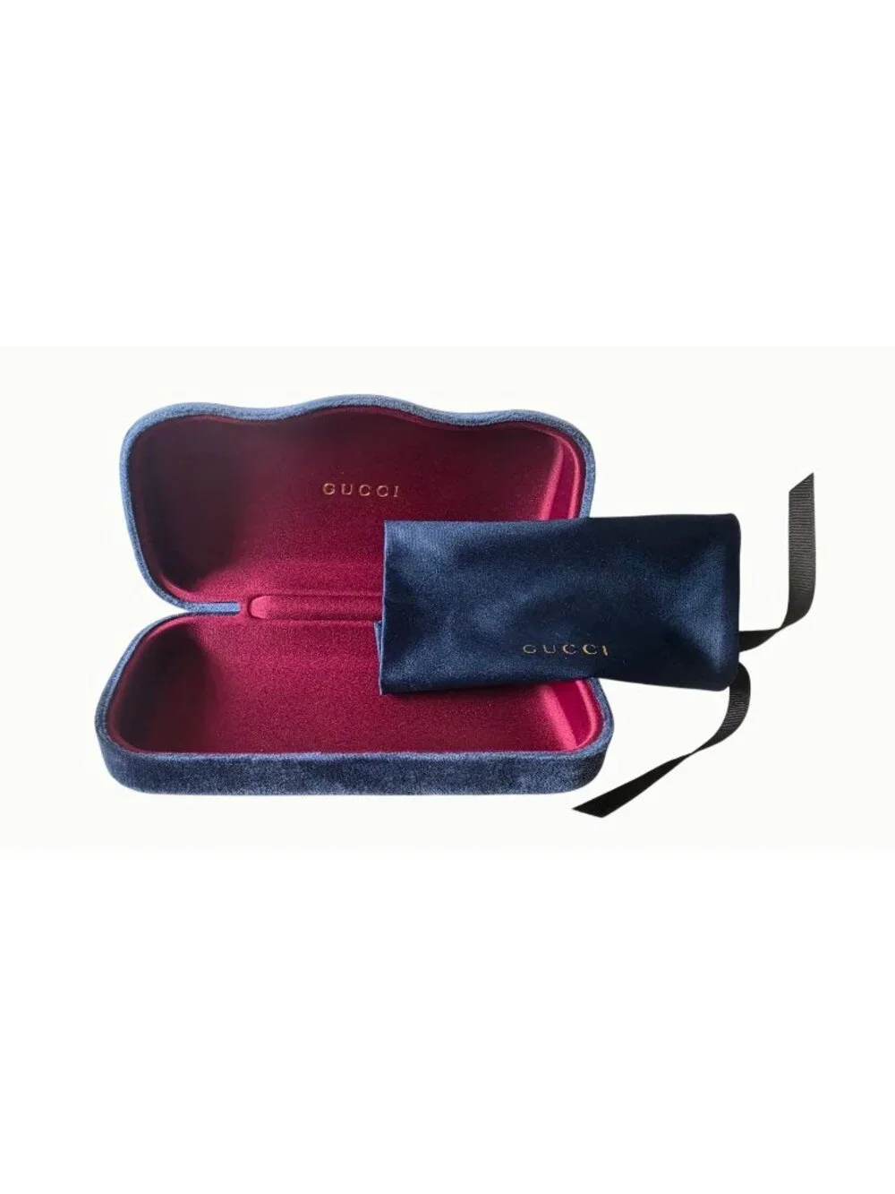 Authentic Gucci Navy Blue Velvet Hard Shell Sunglasses Case & Satin Pouch Set